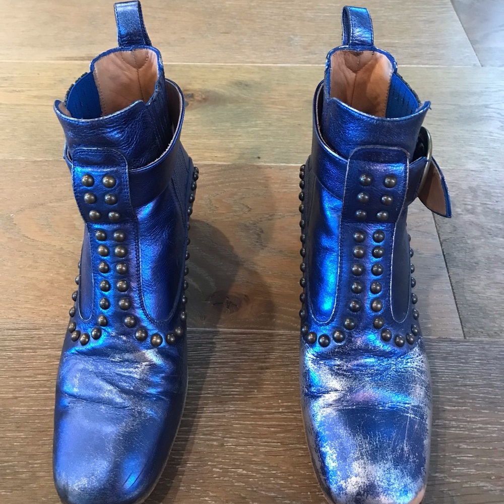 Coach studded, metallic blue/silver distressed ankle boots